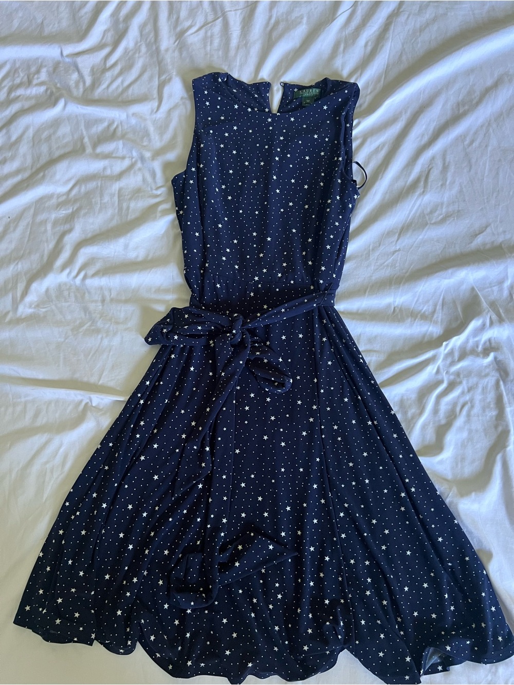Ralph Lauren Navy Star-Print Midi Dress with Tie Waist